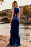 Royal Blue Velvet Mermaid Beaded Formal Dress With Slit