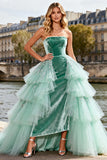 Strapless A-Line Mint Green Velvet Prom Dress With Tulle Overlay