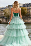 Strapless A-Line Mint Green Velvet Prom Dress With Tulle Overlay