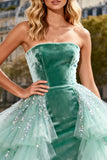 Strapless A-Line Mint Green Velvet Prom Dress With Tulle Overlay