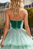 Strapless A-Line Mint Green Velvet Prom Dress With Tulle Overlay