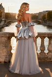 Sparkly Silver A-Line Strapless Prom Dress With Slit