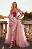 Pink Strapless Sequin Sheath Prom Dress With Removable Sleeves