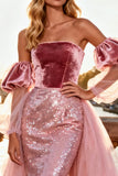 Pink Strapless Sequin Sheath Prom Dress With Removable Sleeves