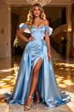 Sky Blue Off The Shoulder A-Line Satin Prom Dress With Slit