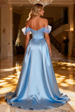 Sky Blue Off The Shoulder A-Line Satin Prom Dress With Slit