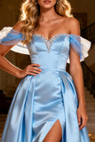 Sky Blue Off The Shoulder A-Line Satin Prom Dress With Slit
