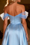 Sky Blue Off The Shoulder A-Line Satin Prom Dress With Slit