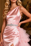 Pink One Shoulder Satin Mermaid Prom Dress With Slit