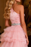 Pink One Shoulder Satin Mermaid Prom Dress With Slit