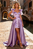 Light Purple A-Line Satin High-Low Prom Dress With Bows
