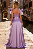 Light Purple A-Line Satin High-Low Prom Dress With Bows