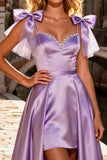 Light Purple A-Line Satin High-Low Prom Dress With Bows