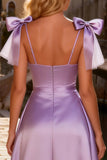 Light Purple A-Line Satin High-Low Prom Dress With Bows