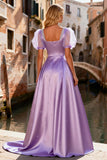 Princess Beaded Light Purple Maxi Prom Dress with Puff Sleeves