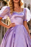 Princess Beaded Light Purple Maxi Prom Dress with Puff Sleeves