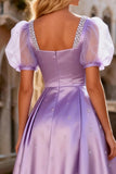 Princess Beaded Light Purple Maxi Prom Dress with Puff Sleeves