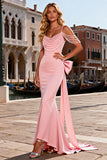 Pink Mermaid Satin Pearl Prom Dress With Bow