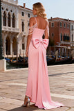 Pink Mermaid Satin Pearl Prom Dress With Bow