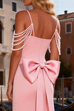 Pink Mermaid Satin Pearl Prom Dress With Bow