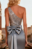 One Shoulder Mermaid Grey Sequin Long Formal Dress With Bow