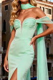 Off The Shoulder Mint Green Pearls Mermaid Prom Dress With Slit