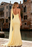 Light Yellow Mermaid One Shoulder Prom Dress With Slit