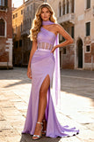 Light Purple Mermaid Corset Satin Prom Dress With Slit