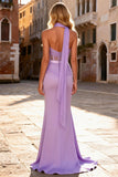 Light Purple Mermaid Corset Satin Prom Dress With Slit
