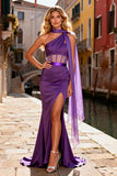 One Shoulder Purple Corset Mermaid Prom Dress With Slit