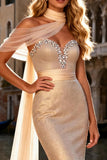 Sparkly Champagne Sweetheart Mermaid Prom Dress With Streamer