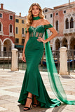 Dark Green Mermaid Off The Shoulder Corset Prom Dress With Streamer