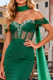 Dark Green Mermaid Off The Shoulder Corset Prom Dress With Streamer