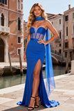 Royal Blue Strapless Mermaid Corset Prom Dress With Slit