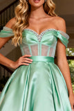 Off The Shoulder Satin Mint Green Corset Princess Prom Dress
