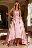 Strapless Pink Princess Satin Maxi Prom Dress