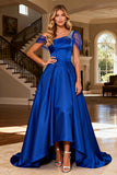 Royal Blue A-Line One Shoulder Satin Maxi Prom Dress