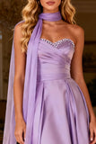 Sweetheart A-Line Satin Light Purple Prom Dress With Streamer