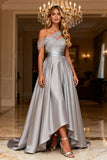 Grey One Shoulder A-Line Satin Prom Dress With Sequins