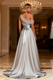 Grey One Shoulder A-Line Satin Prom Dress With Sequins