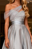 Grey One Shoulder A-Line Satin Prom Dress With Sequins