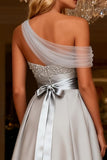 Grey One Shoulder A-Line Satin Prom Dress With Sequins
