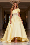 Light Yellow One Shoulder Corset Princess Prom Dress With Beading