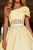Light Yellow One Shoulder Corset Princess Prom Dress With Beading