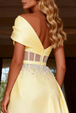 Light Yellow One Shoulder Corset Princess Prom Dress With Beading