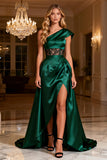 Dark Green A-Line Satin One Shoulder Prom Dress With Slit