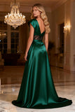 Dark Green A-Line Satin One Shoulder Prom Dress With Slit