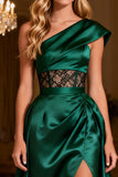 Dark Green A-Line Satin One Shoulder Prom Dress With Slit