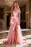 One Shoulder Pink A-Line Sequin Maxi Prom Dress With Slit