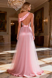One Shoulder Pink A-Line Sequin Maxi Prom Dress With Slit